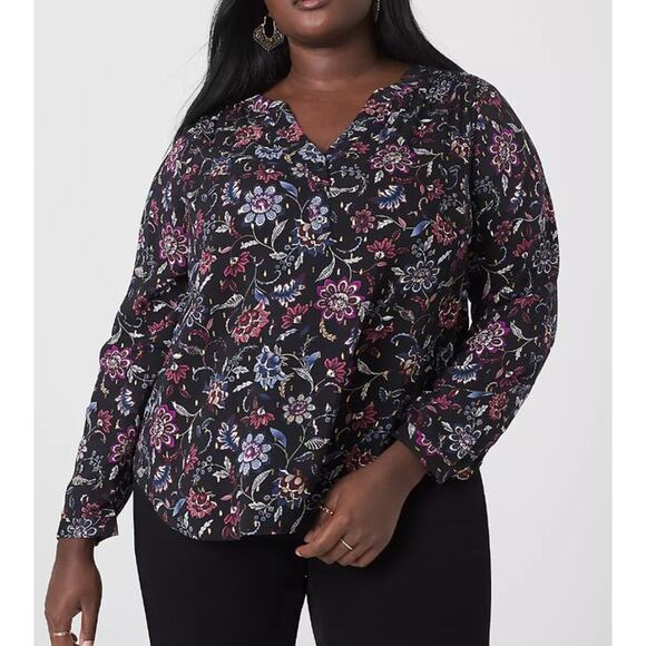 Lane Bryant Classic Long Sleeve Split Neck Yoke Popover Blouse Metallic Floral - Picture 1 of 8